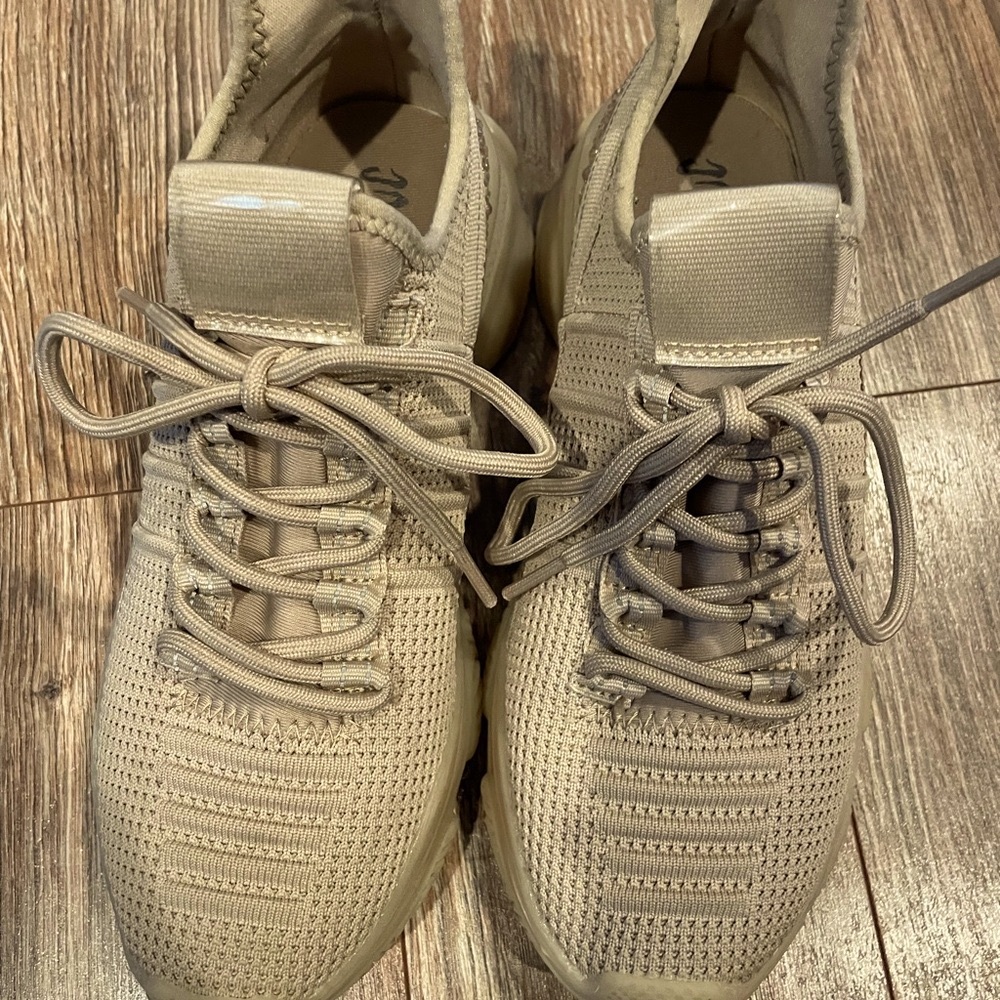 Mad Love Tan Sneakers with Breathable Knit Design and rhinestones